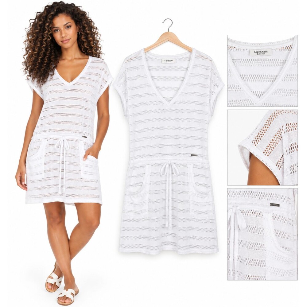 Calvin Klein Swim Mesh Stripe Cover Up Dress Large Pockets Drawstring White